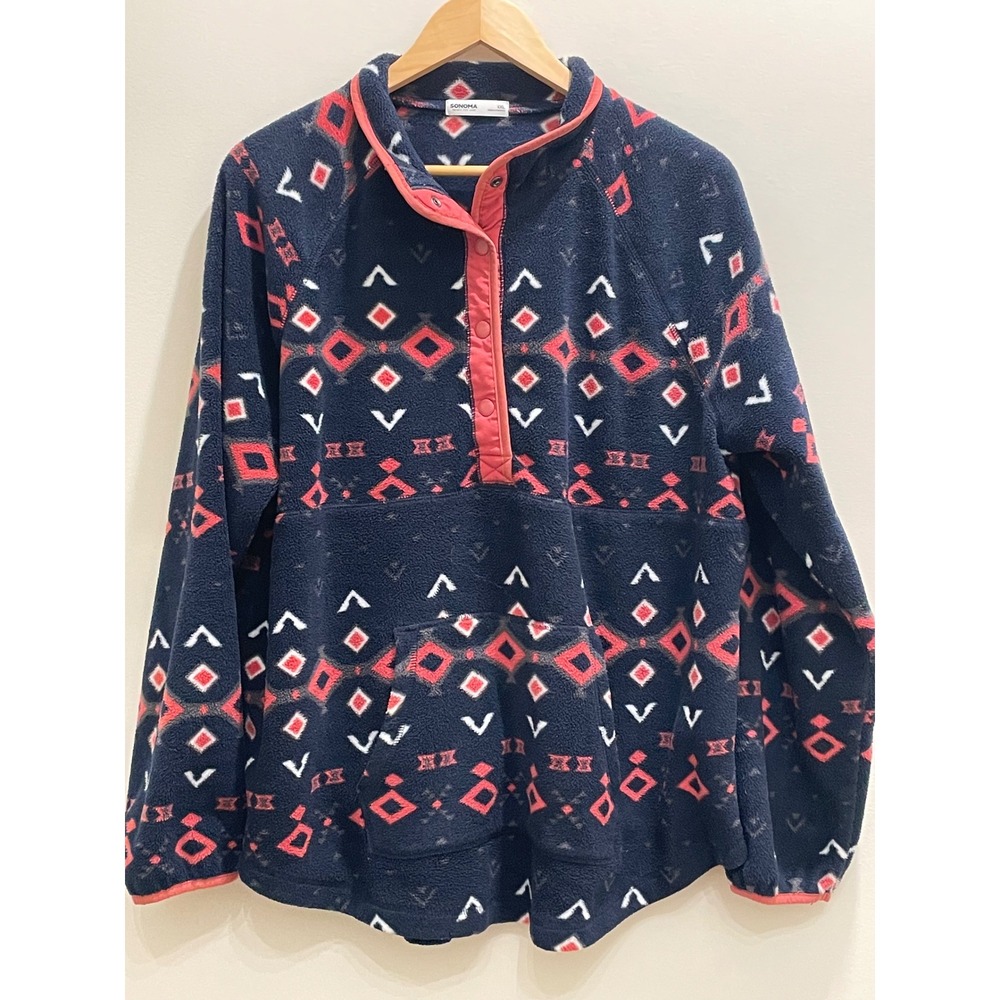 Sonoma Goods For Life Womens XXL Navy Coral Southwestern Snap Fleece Pullover